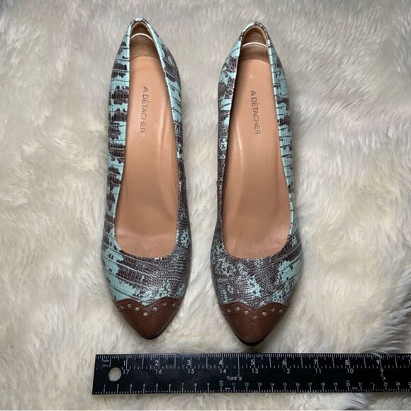 Sz 7 A Détacher Funky Blue Reptile Scale Print Wooden Kitten Heel - Picture 3 of 7